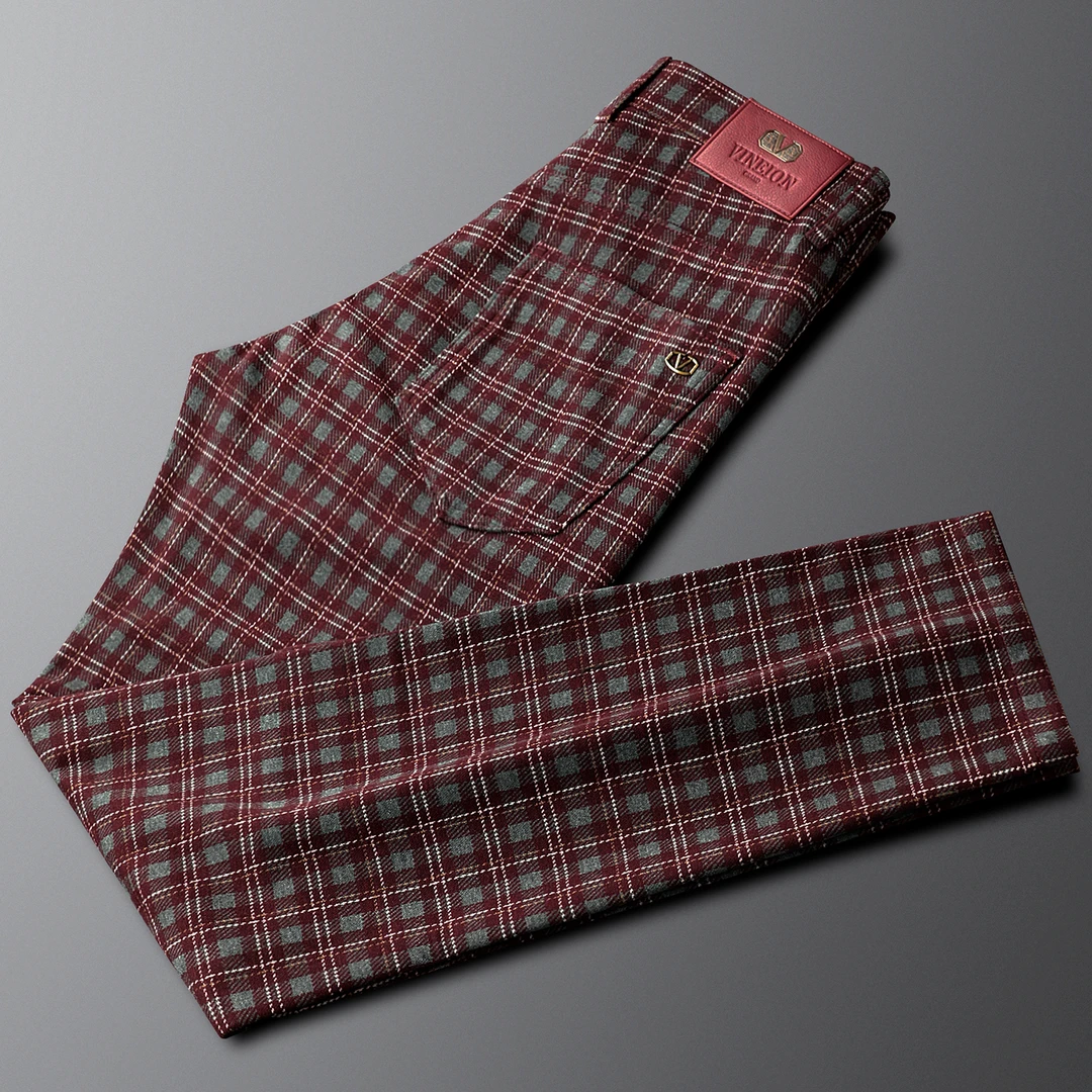 2025新款红色格子厚款直筒冬季修身复古中腰潮微弹力休闲裤男女士