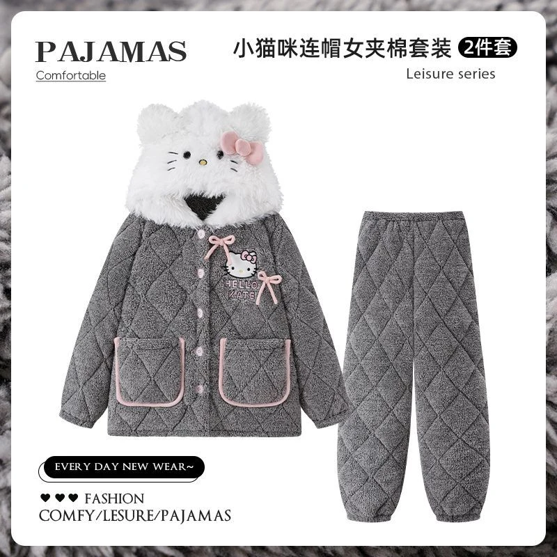 省服秋冬季睡衣女HelloKitty长毛绒三层夹棉变态厚保暖家居服保暖