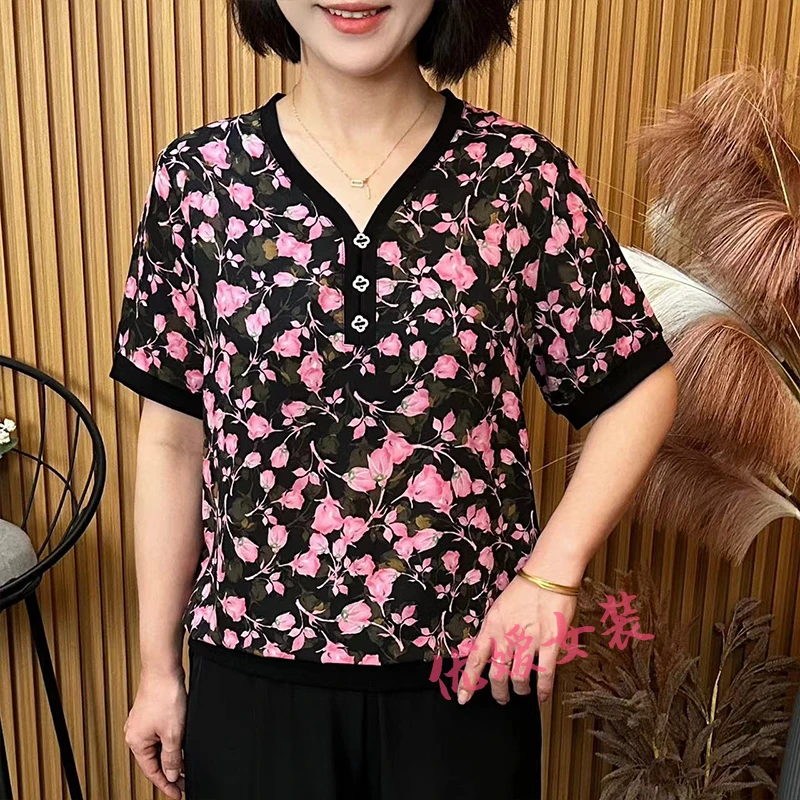 妈妈装夏季时尚V领花色透气凉快宽松显瘦中老年女装短袖上衣 A869