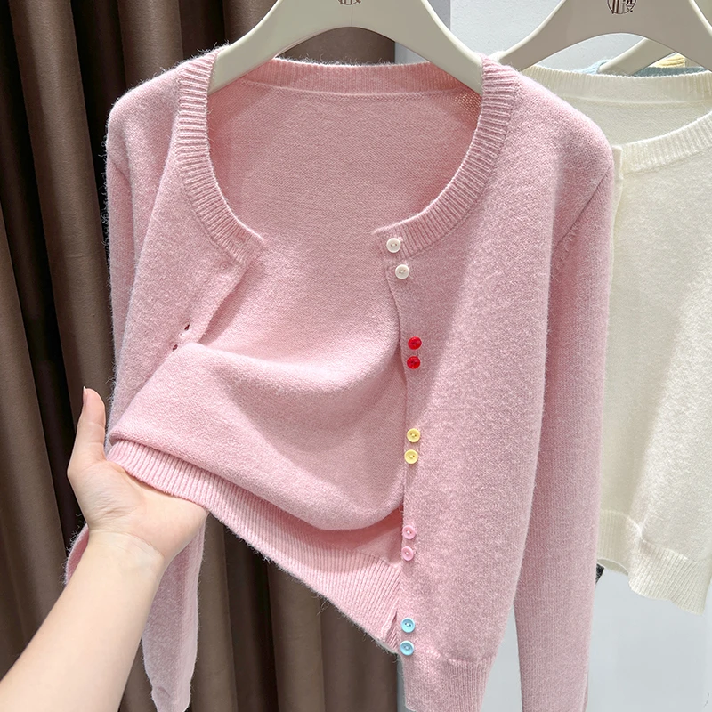 气质设计款温柔粉色开衫女软糯撞色圆领长袖减龄百搭时髦短款外套