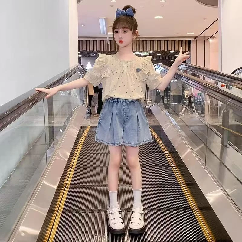 女童衬衫套装洋气2025新款儿童韩版网红时髦中大童夏款短袖两件套