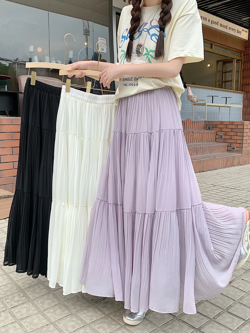 【PKGIRL心选】2025夏季韩系紫色半身裙中长款高腰a字蛋糕裙64668