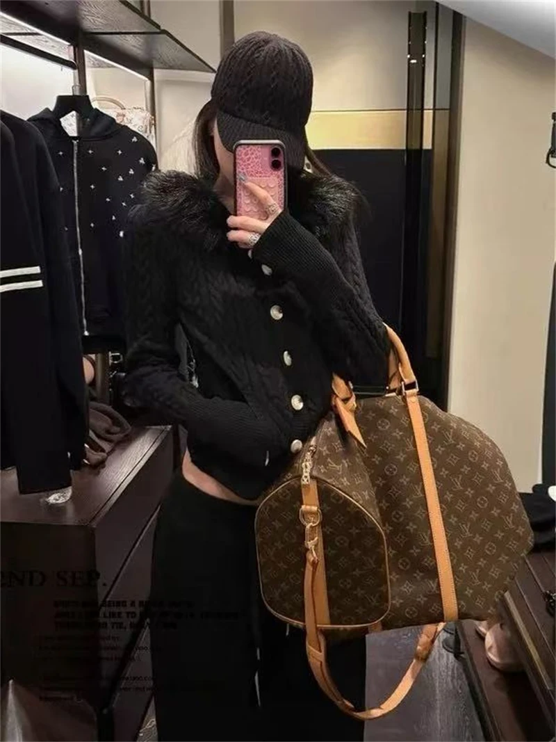 黑色麻花毛衣外套女2025秋冬新款修身显瘦慵懒毛毛领辣妹针织上衣