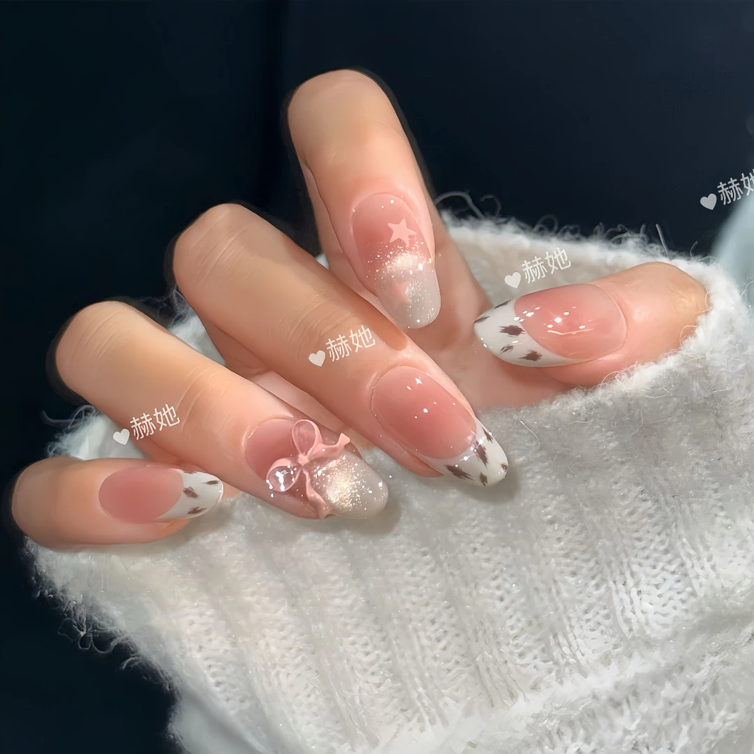 【粉红豹】早秋冰透甜美豹纹法式立体蝴蝶结气质爆闪  纯手工穿戴甲