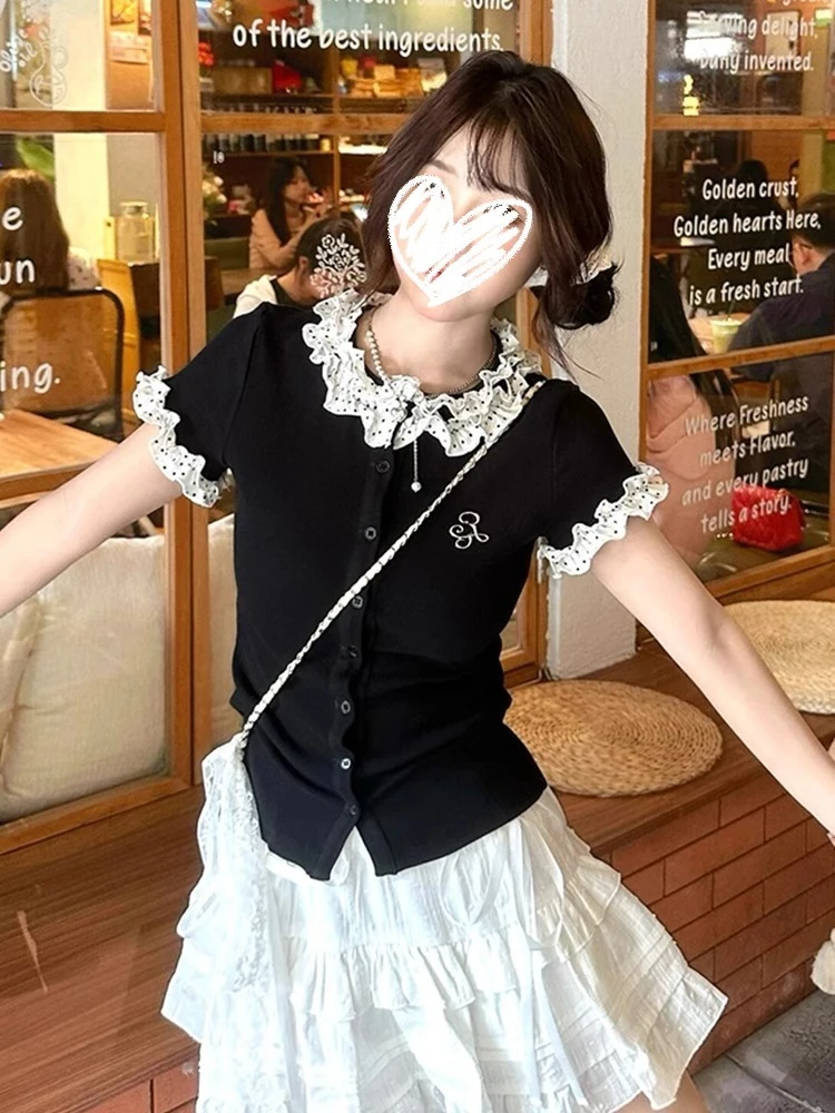 学院风辣妹波点拼接短袖t恤女夏季修身显瘦针织开衫设计感上衣潮