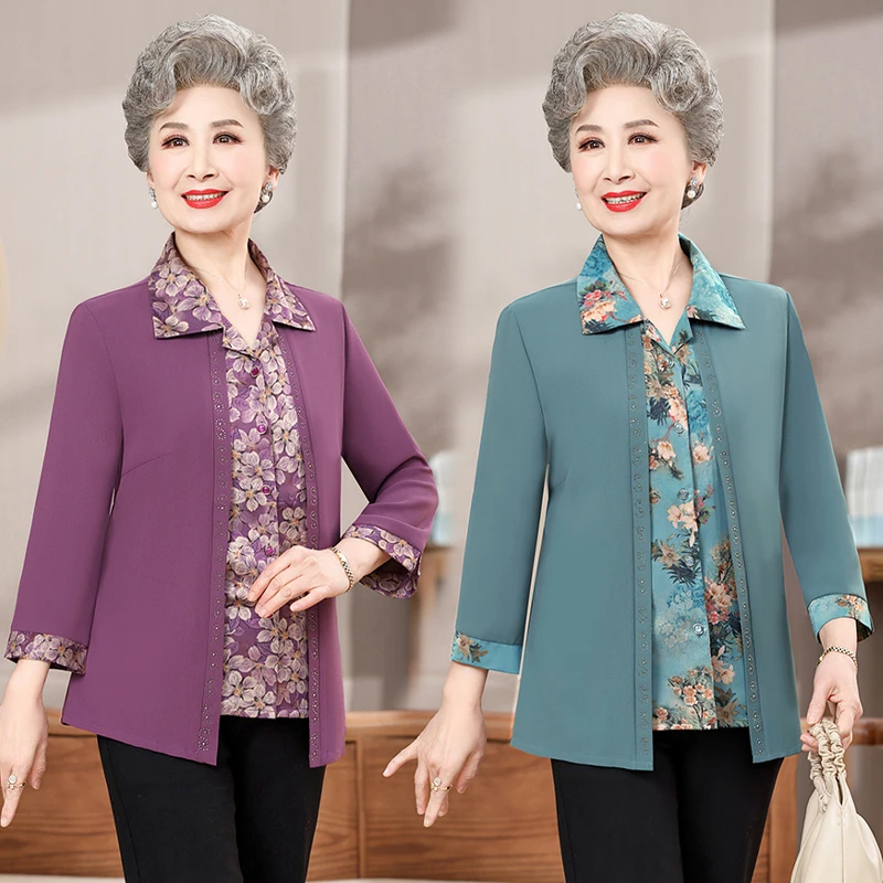 F18 妈妈装春秋款时尚衬衫中老年女装假两件套奶奶撞色打底衫上衣