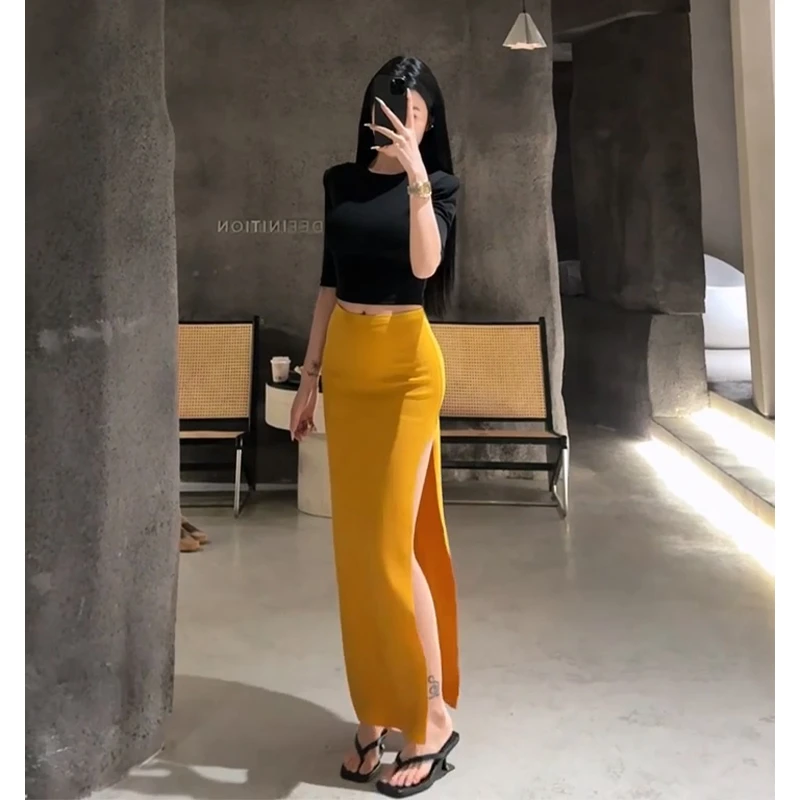 2025夏季新款高级感修身短款圆领短袖上衣气质高腰包臀开叉半身裙