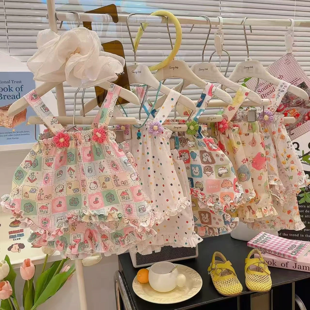 【莱塞尔+绵绸】夏季新款吊带裙套装背心碎花森系女童卡通套装