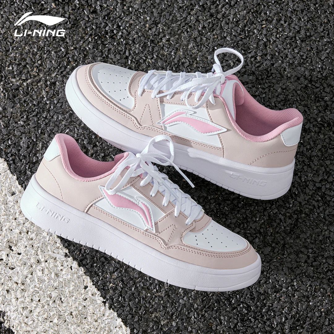 李宁月临女款板鞋2025新品透气学生ins低帮百搭运动鞋粉色休闲鞋