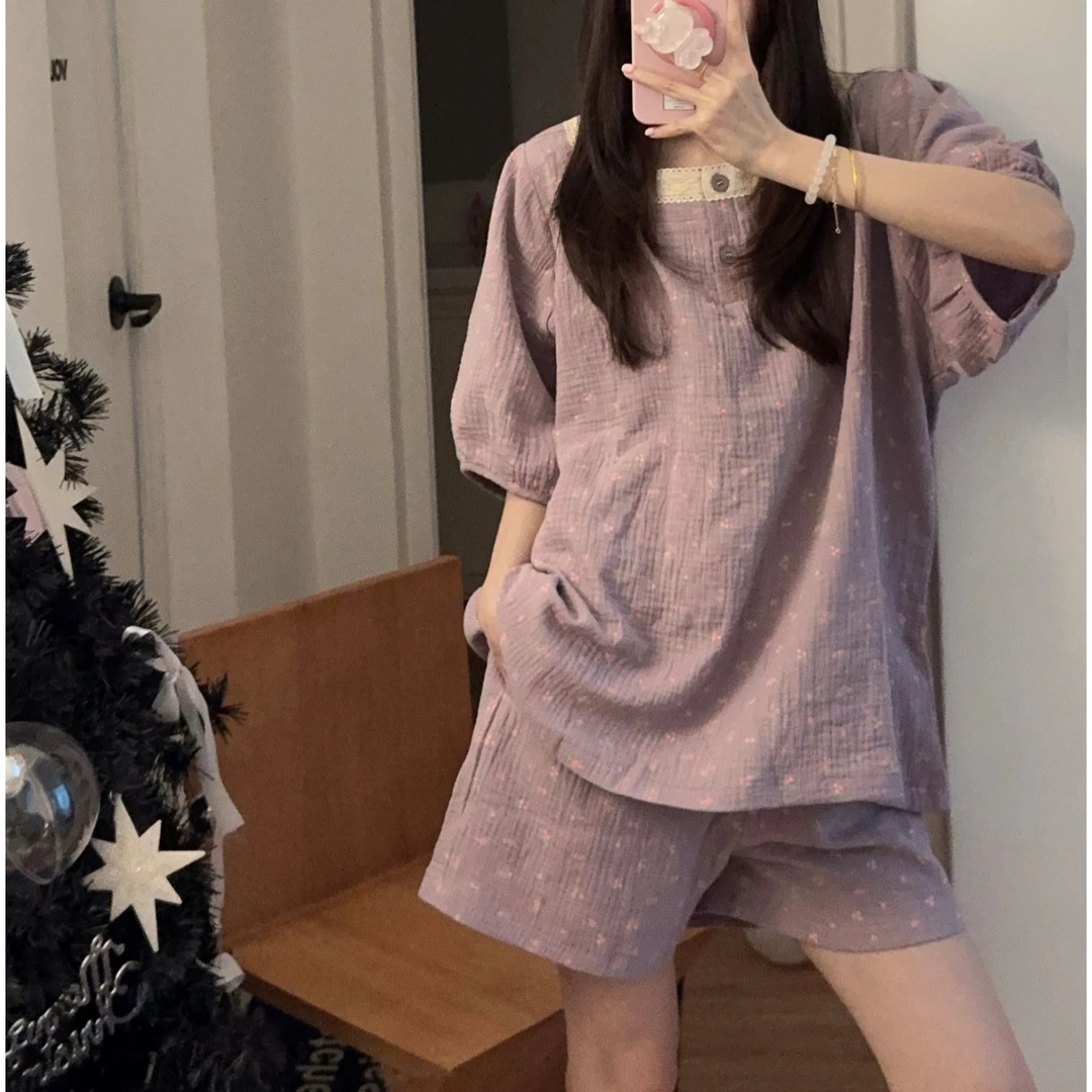 夏季婴儿棉睡衣女生短袖紫色花边全棉纱布薄款韩国碎花家居服套装