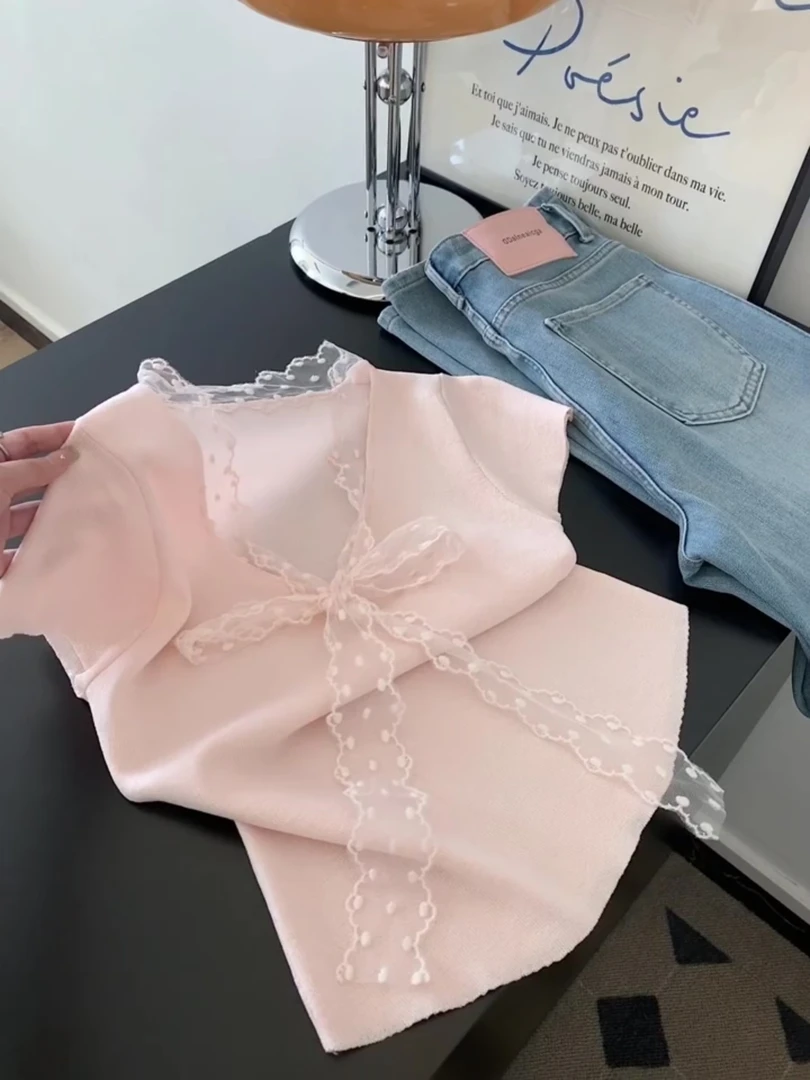 粉色蝴蝶结蕾丝拼接针织衫女夏季新款小个子百搭修身显瘦短袖上衣