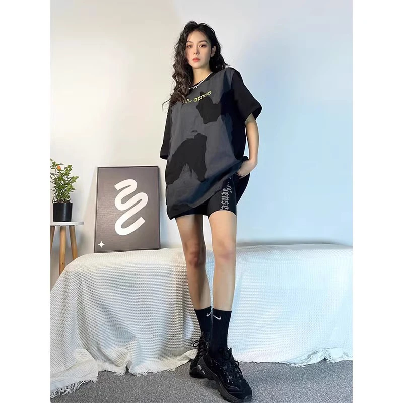 小众炸街高级感女装黑色大版短袖t恤夏季2025新款宽松下衣失踪潮