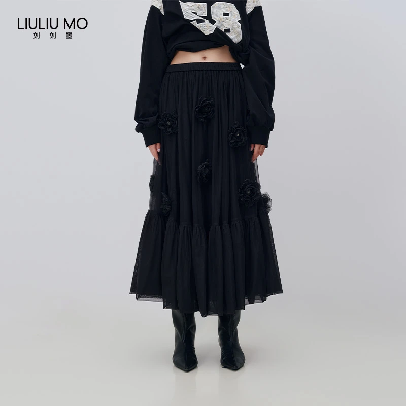 刘刘墨小众设计款黑色网纱蕾丝重工立体花黑色百搭精致半身裙