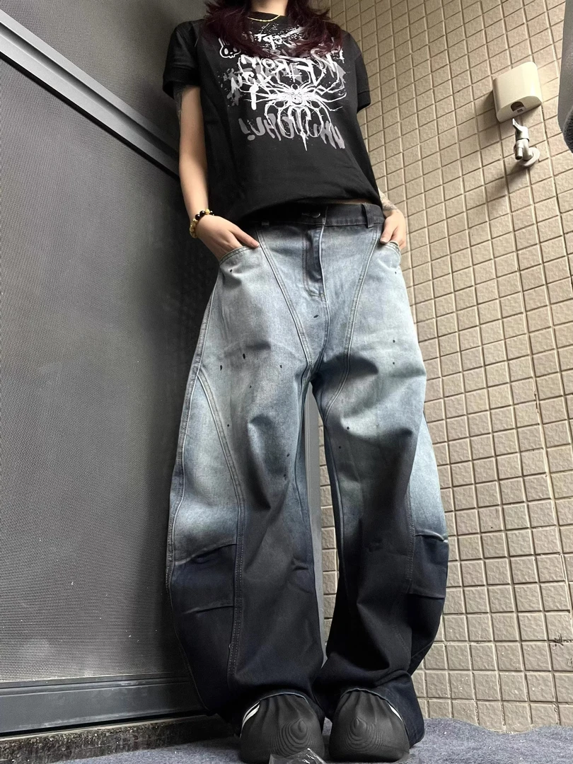 [s823]潮流时尚街舞渐变黑牛仔裤直筒宽松复古港风街舞长裤