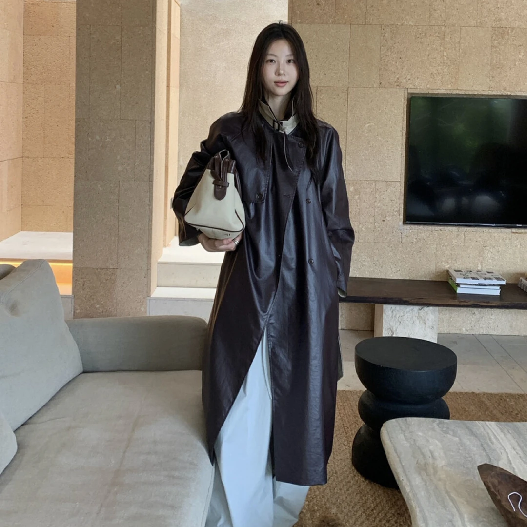 F.THREE复古酷飒pu高级感宽松收腰外套风衣春秋中长款(配腰带)
