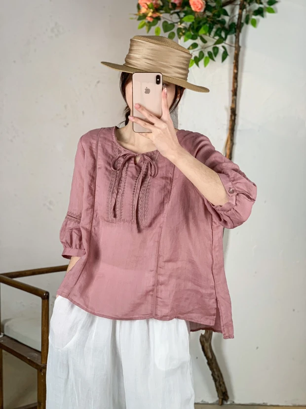 新中式宽松苎麻小衫刺绣圆领夏季短袖上衣2501-2肩40胸120长64