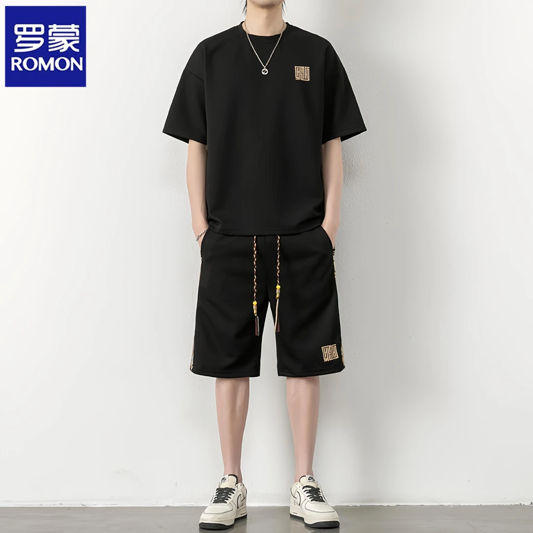 Romon/罗蒙舒适透气夏季新款华夫格男士短袖两件套潮流款抽绳短裤