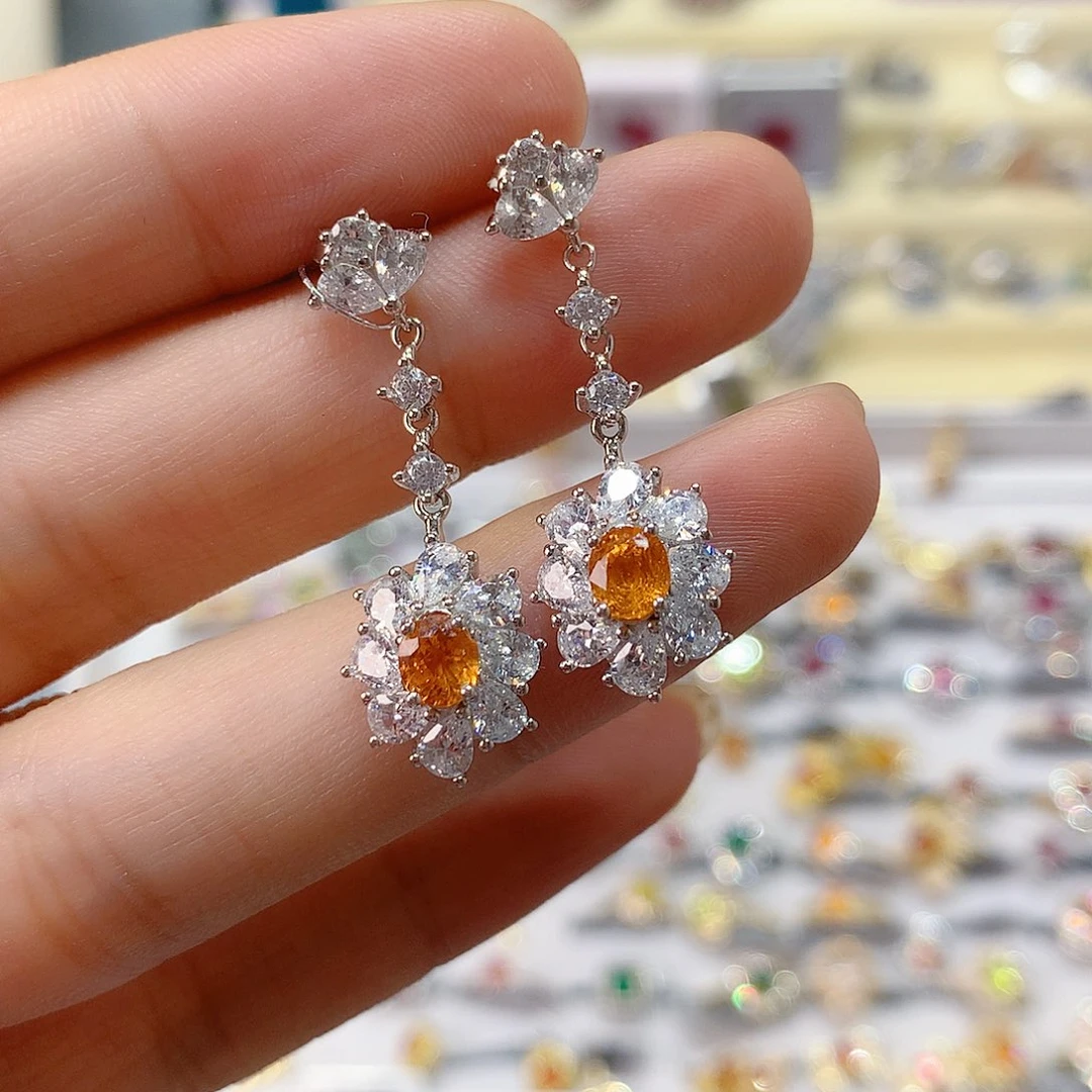 石榴石（芬达石）耳钉银S925镶嵌