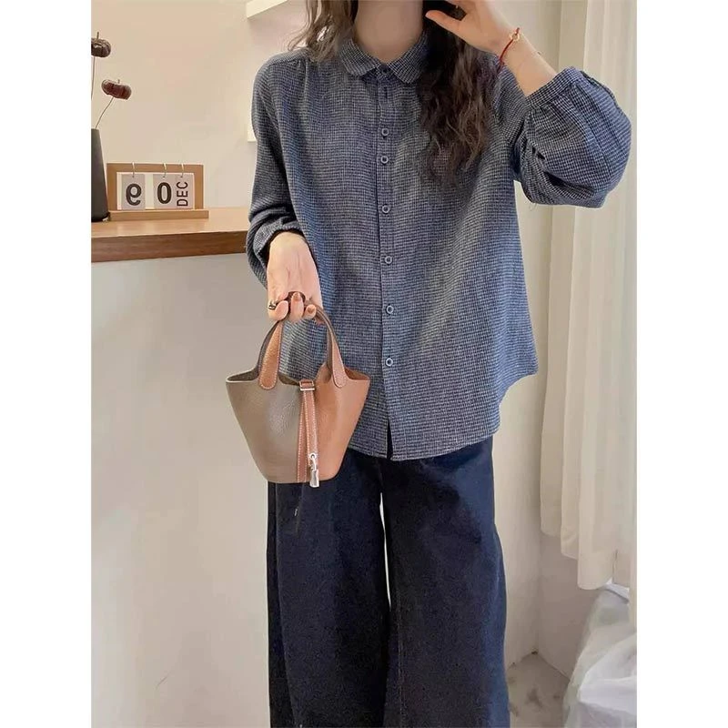 2025年春秋季新款小个子设计感复古蓝衬衫女洋气休闲小众衬衣上衣