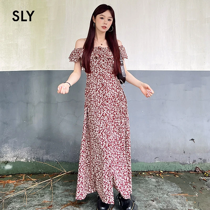 明星同款 SLY 新品海边户外度假风碎花一字肩连衣裙038HAM33-0071