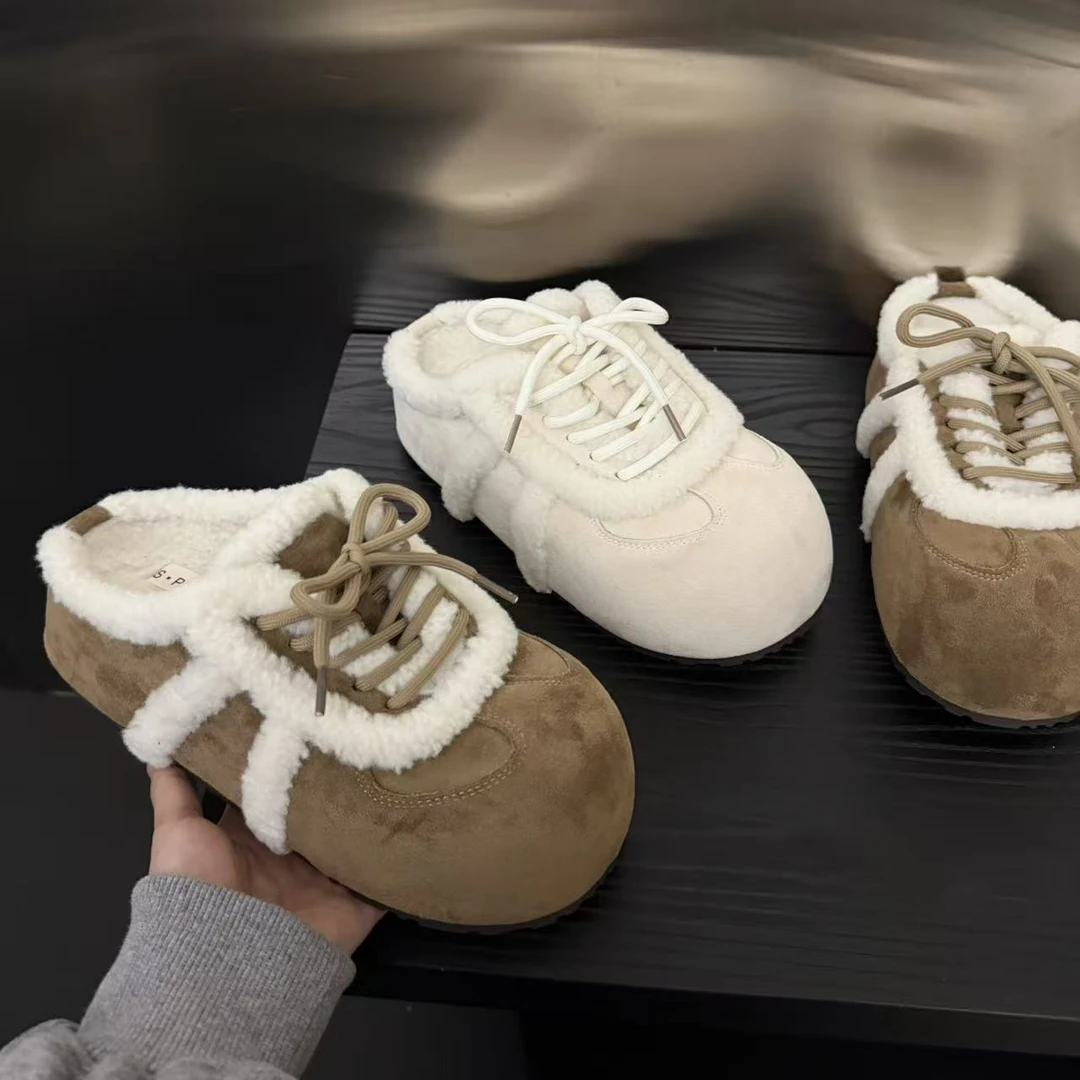 2025年秋冬季新款时尚百搭系带毛毛拼色设计款包头一脚蹬外穿女鞋