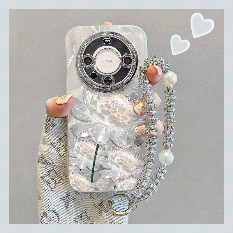 适用mate70pro+手机壳女全包防摔带挂链mate60硅胶50白色荷花