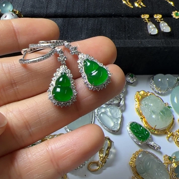 翡翠耳饰18K金镶嵌平*翡翠吊坠项链