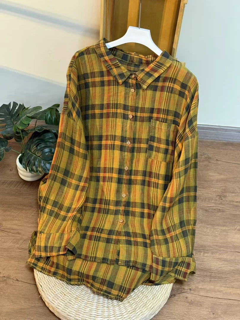 【云目悠悠】夏季纯汉麻女士长袖立领百搭格子衬衫-2025674