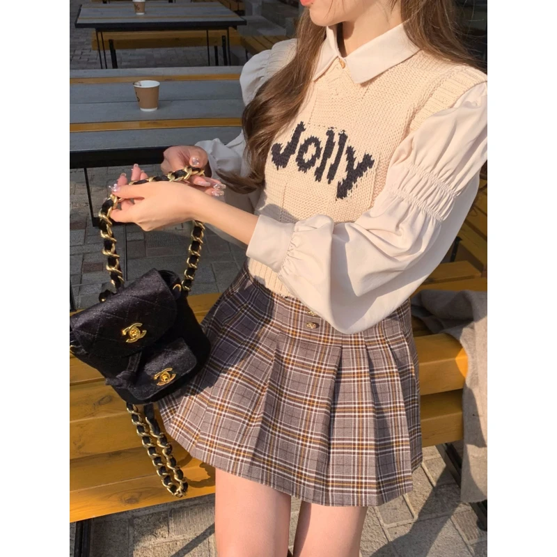 萌萌Ja」金扣设计显瘦高腰格纹百褶裙气质百搭通勤a字半身裙女