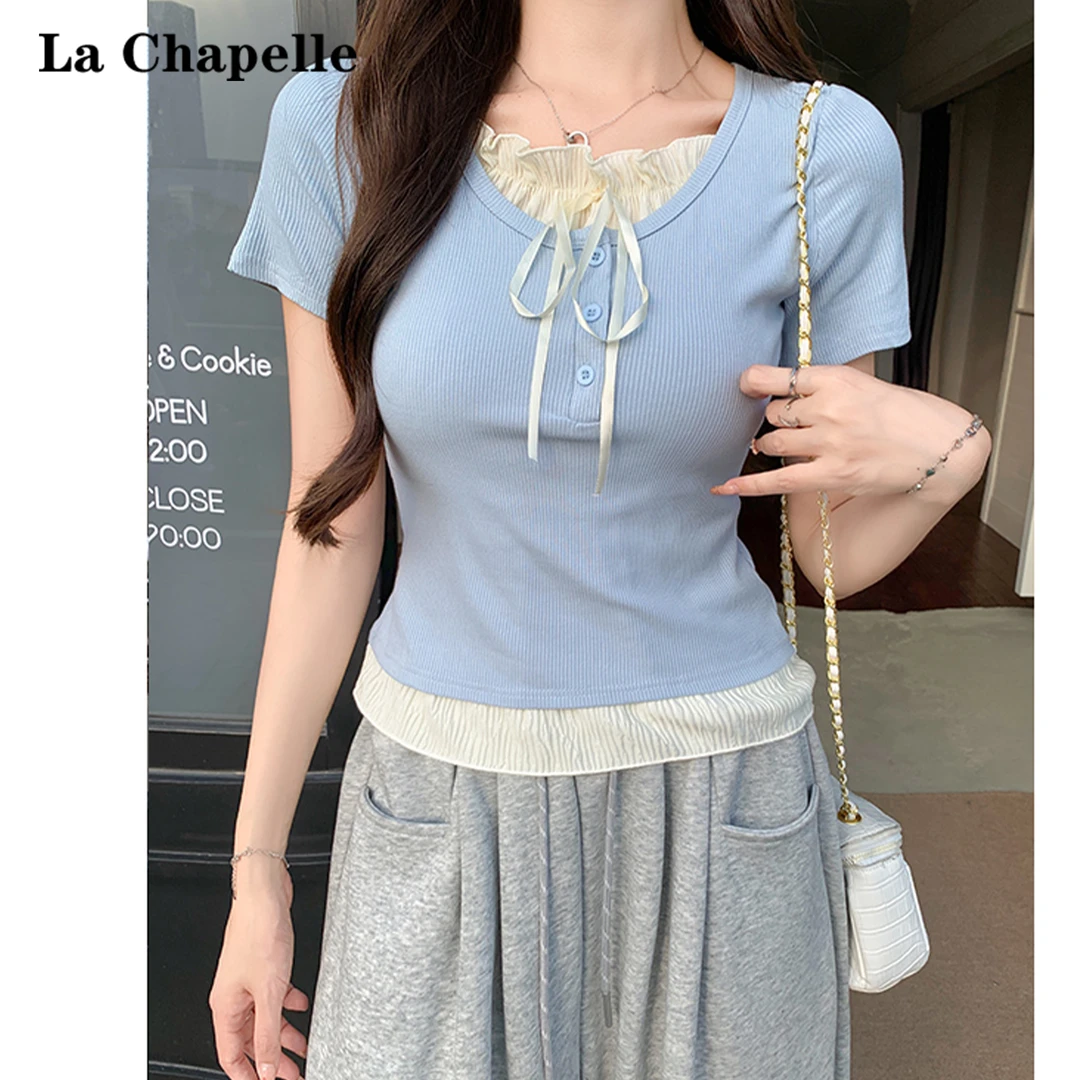 La Chapelle/拉夏贝尔假两件短袖t恤女2025夏季薄款蝴蝶结短上衣