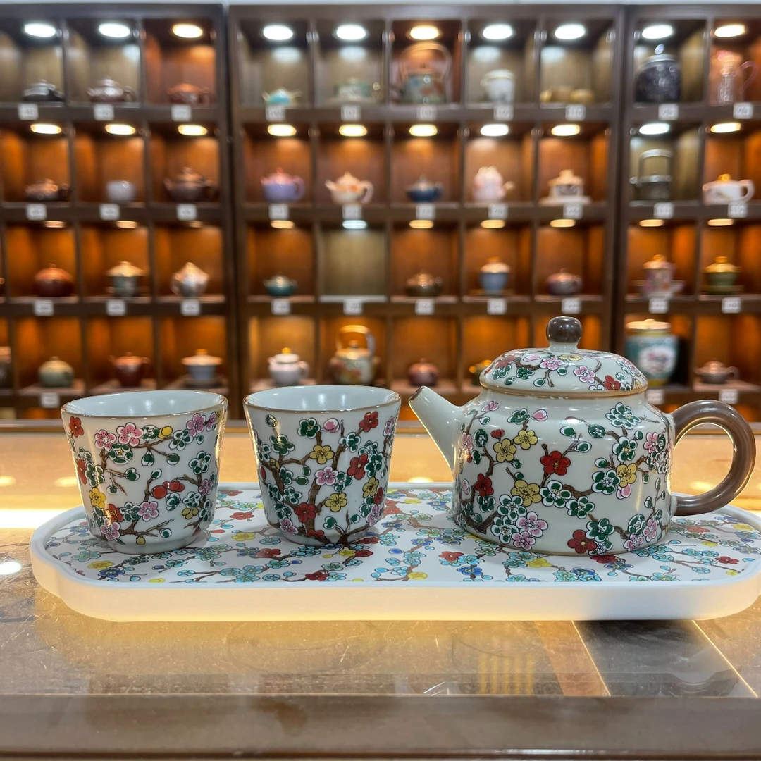 黄汝五彩梅花纯手工古尊-德钟壶+2杯-2455