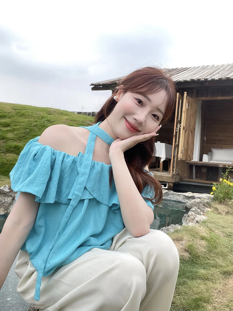 YPP！【半夏山风】法式一字肩荷叶边衬衫夏季宽松设计感褶皱别致小衫