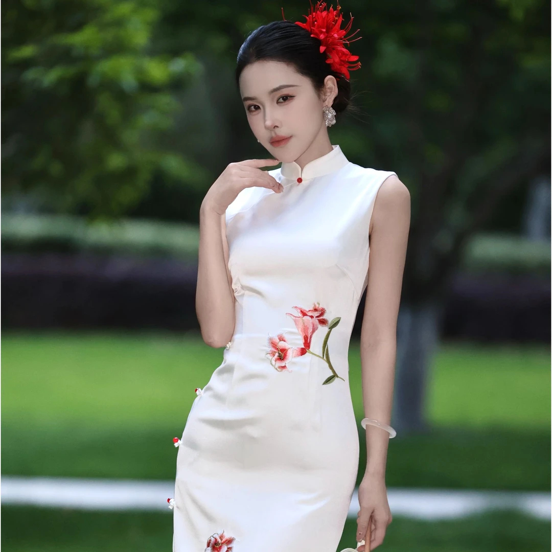 Jiangyining杜鹃新中式旗袍夏季长款气质修身连衣裙优雅中国风