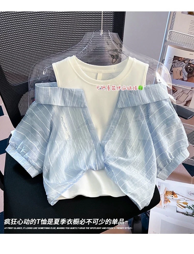 自留款推荐~设计感假两件短袖衬衫女童2025夏新款宽松短款露肩