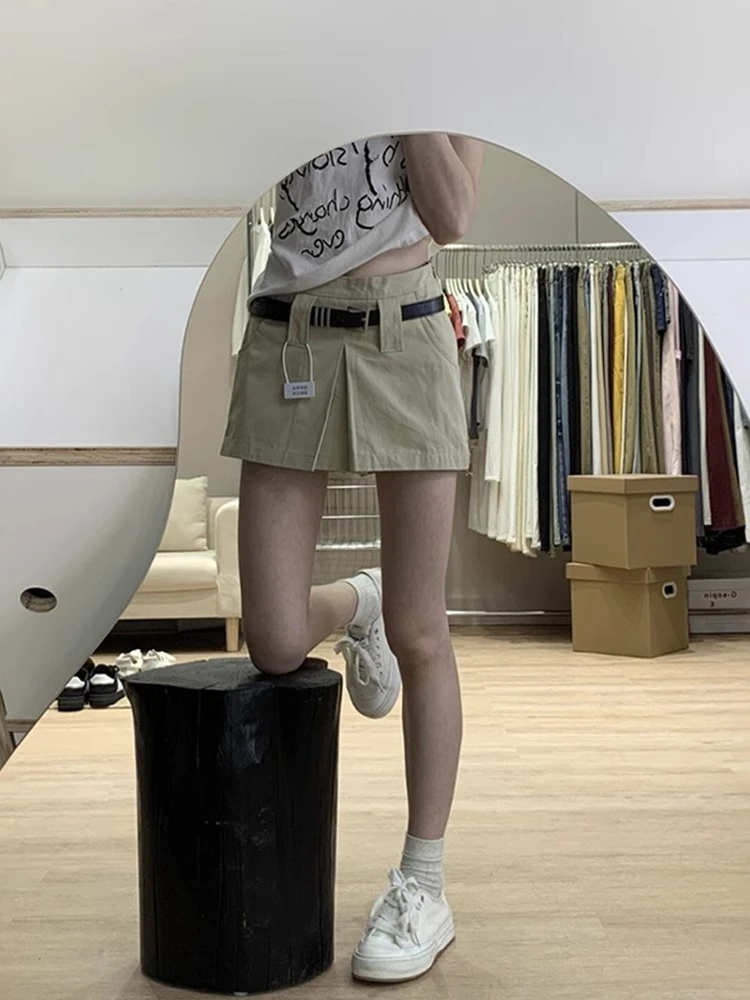 美式压褶开叉工装半身裙裤女夏季大码胖mm显瘦遮肚a字包臀短裤裙