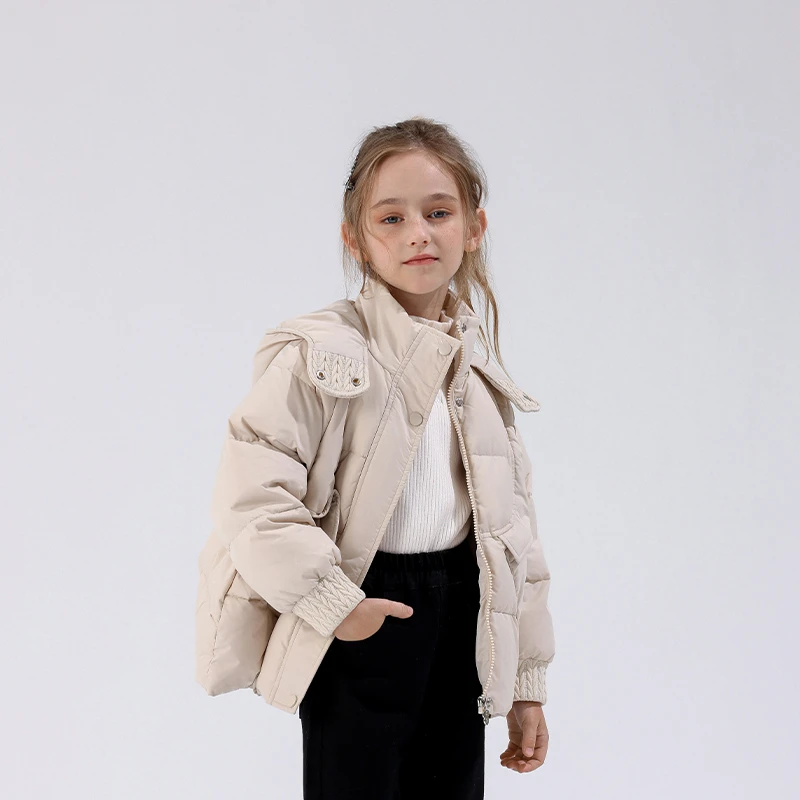 新款女童秋冬冬季加厚保暖羽绒服时尚高定纯色宽松连帽休闲外套