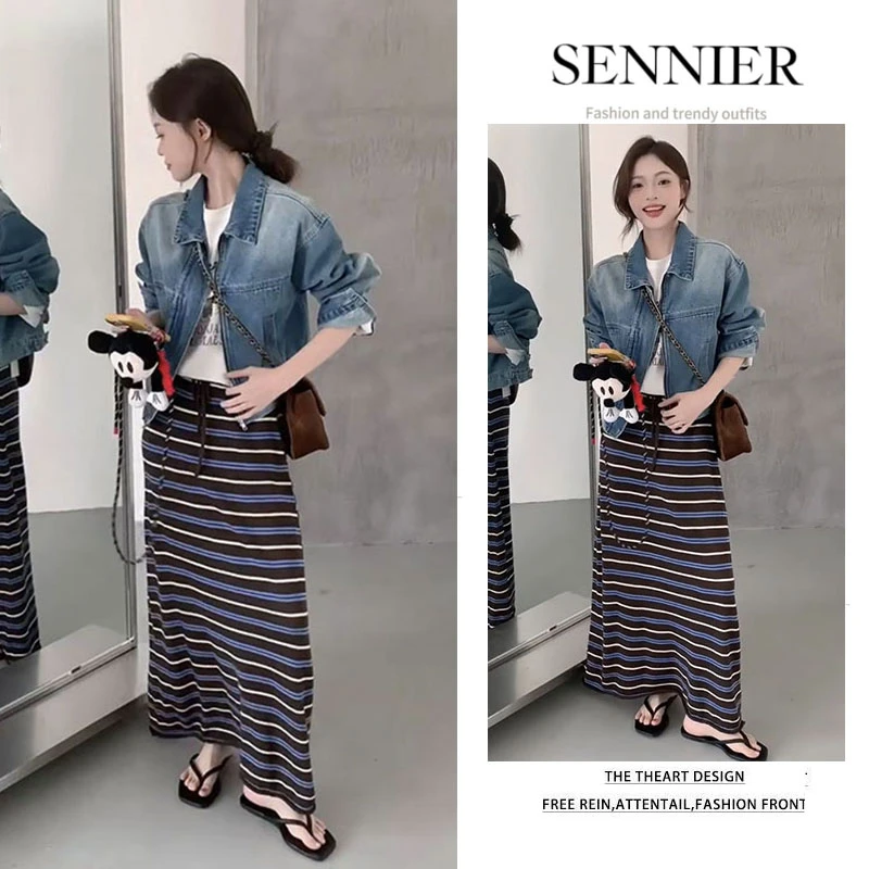 秋季时尚爆款女2025新款韩版休闲牛仔外套慵懒条纹半身裙两件套装