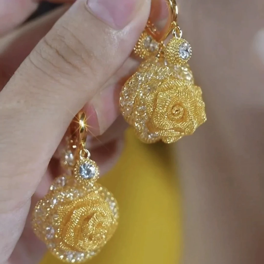 铜合金合成锆石耳饰 耳环时尚气质国风轻奢百搭玫瑰花耳环小众