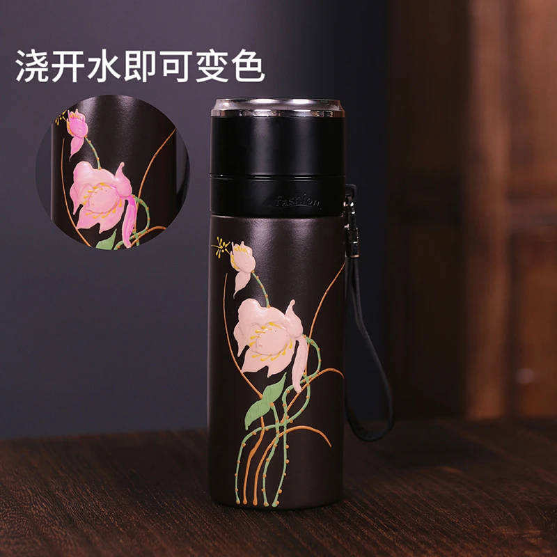 弹盖直筒泥绘感温变色双层车载杯【荷花】黑E115