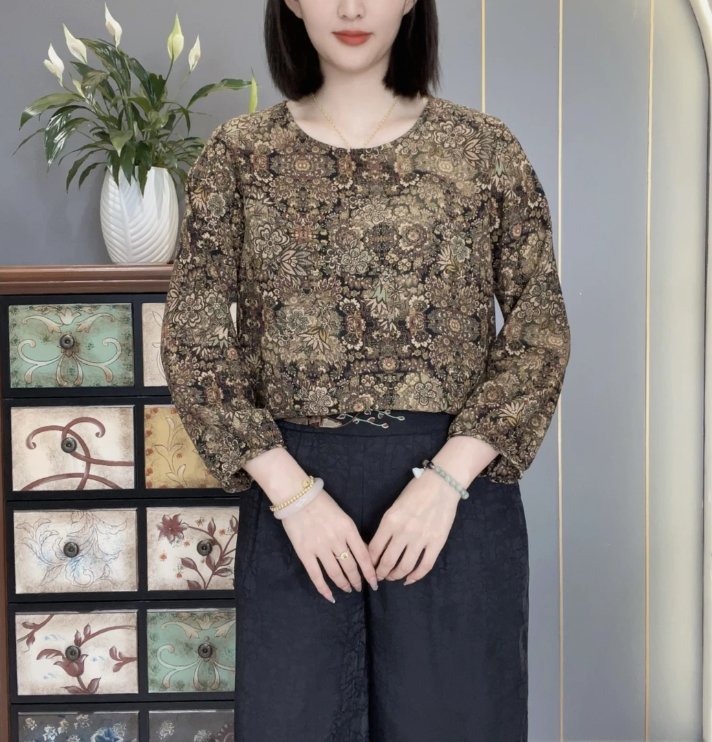 繁花似锦2025夏季新款圆领长袖中老年妈妈装宽松大码透气上衣小衫