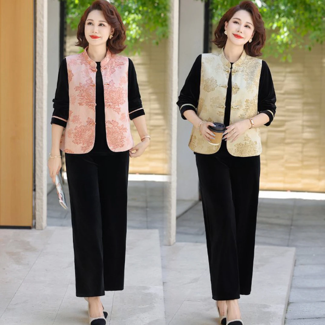新中式妈妈秋装金丝绒时尚套装休闲国风马甲上衣洋气三件套766