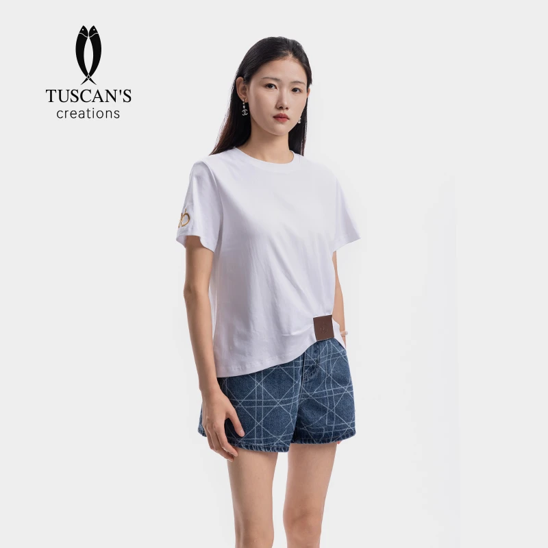 TUSCAN'S CREATIONS纯色圆领短袖T恤正肩女款舒适简约时代双鱼
