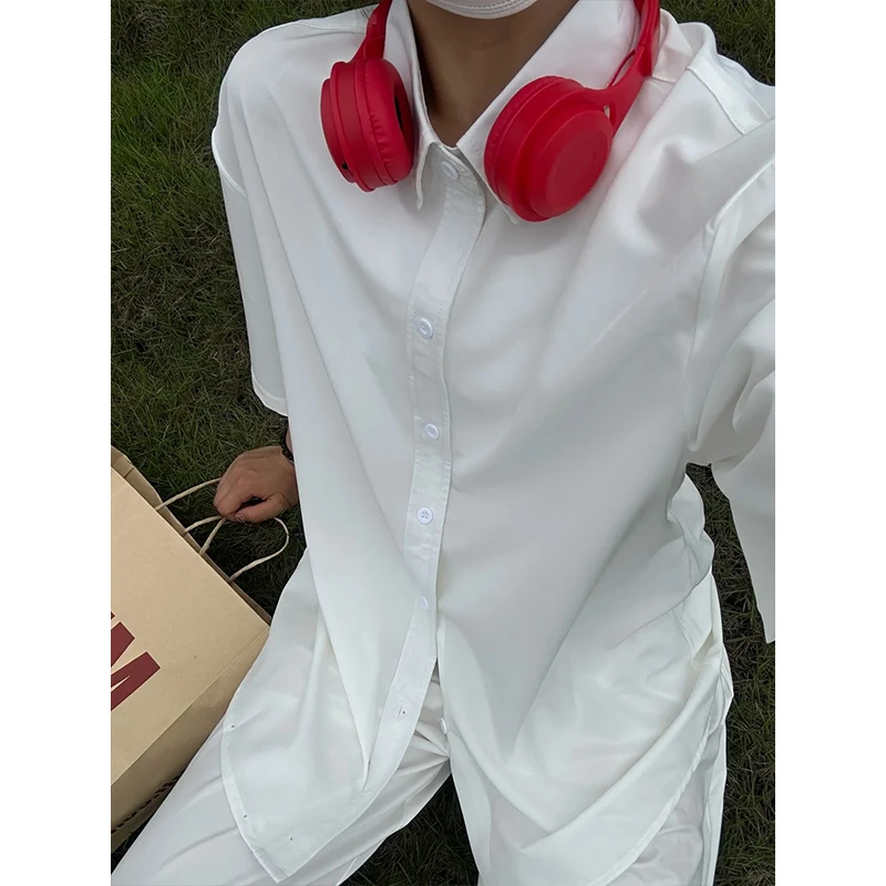 白色短袖衬衫男夏季薄款宽松冰丝衬衣高级感叠穿防晒情侣外套潮牌