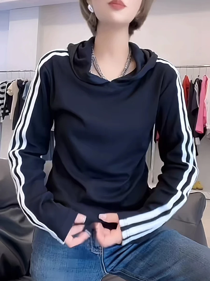 连帽拼接长袖短款卫衣休闲运动网红时尚修身春季情侣针织带帽