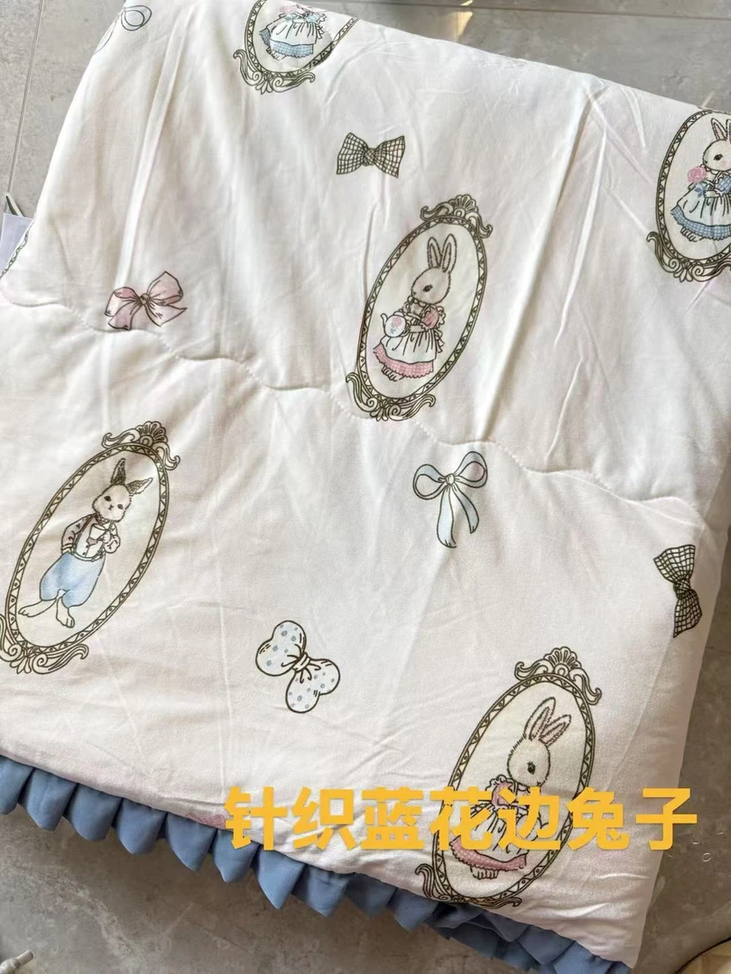 空调夏凉被 针织蓝花边兔