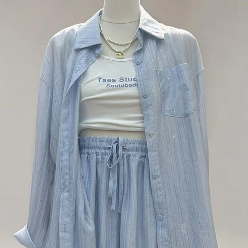 【两件套】韩系女夏宽松防晒长袖衬衫抽绳短裤休闲运动套装6880