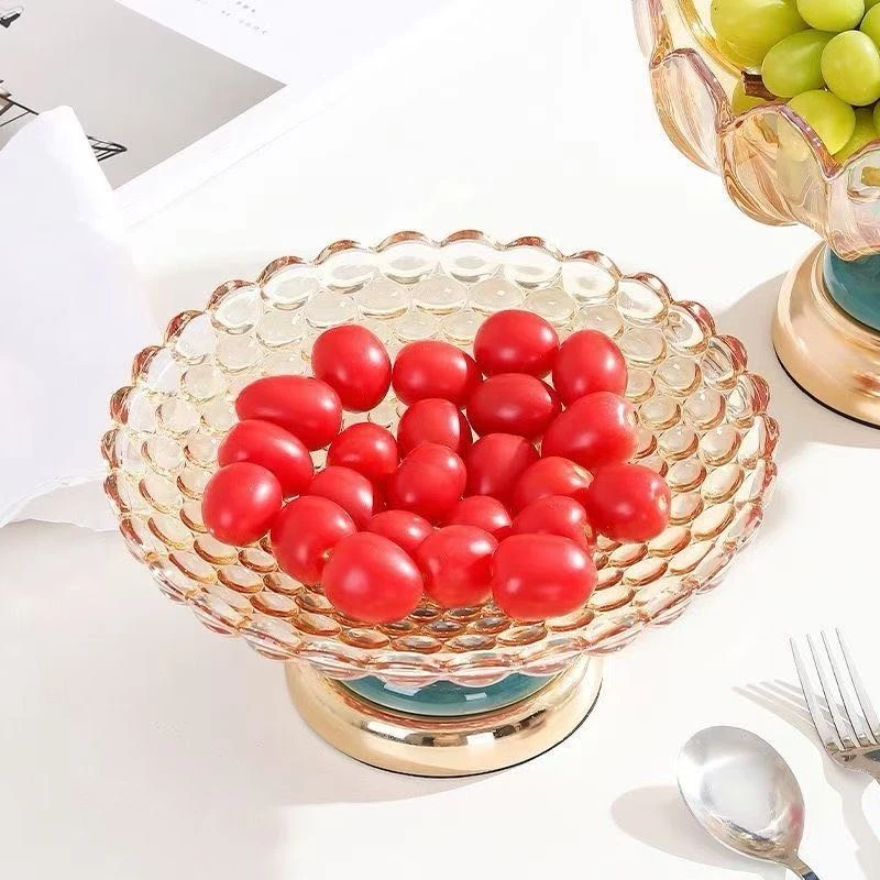 珠点水果盘轻奢复古金属陶瓷底座琥珀玻璃果盘客厅【新疆包邮】