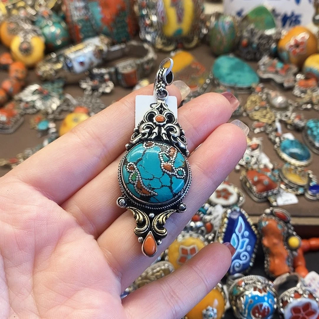 银S925镶嵌绿松石颈饰八宝尼藏直播间