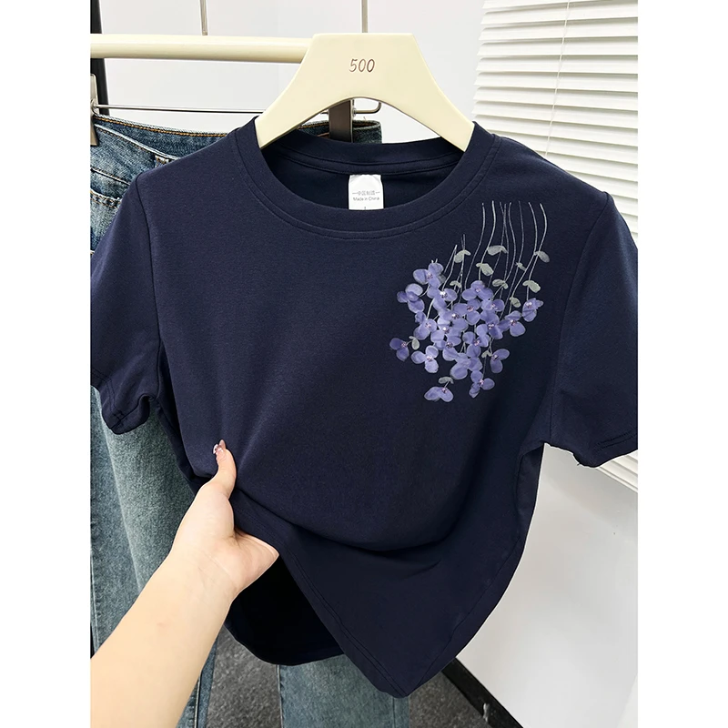 2025夏季新款正肩短袖t恤大码女装胖MM显瘦穿搭小众独特别致上衣