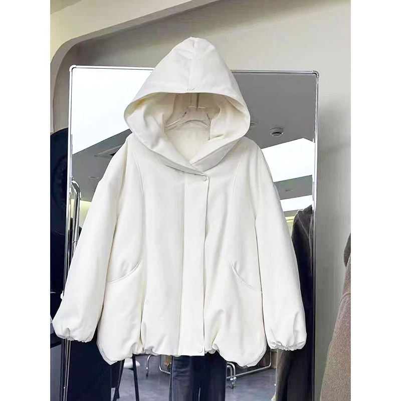 2025冬季高级感棉服外套时尚宽松洋气独特别致白色连帽棉衣棉袄女